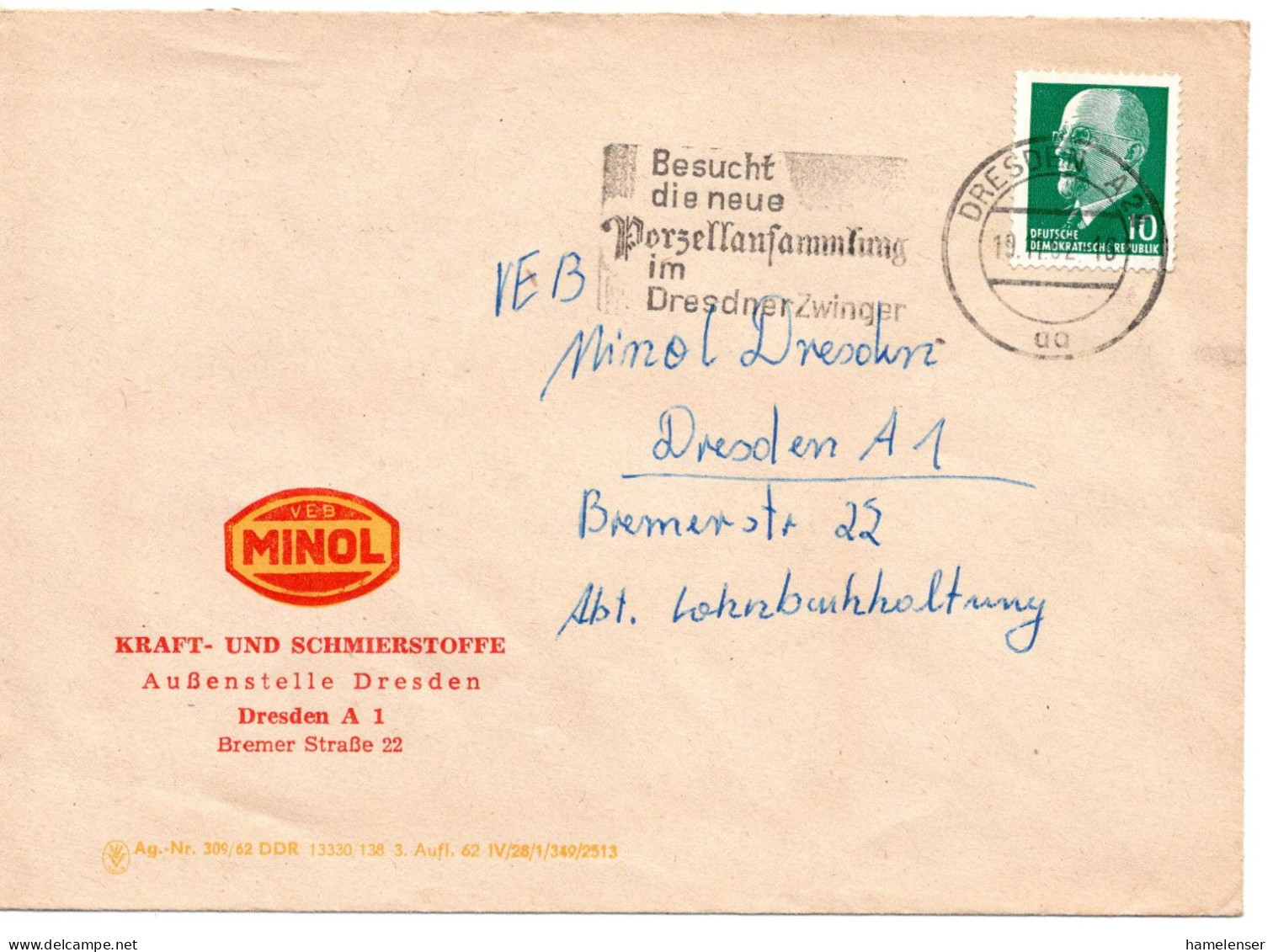 63499 - DDR - 1962 - 10Pfg Ulbricht EF A OrtsBf DRESDEN - BESUCHT DIE NEUE PORZELLANSAMMLUNG ... - Porcelain