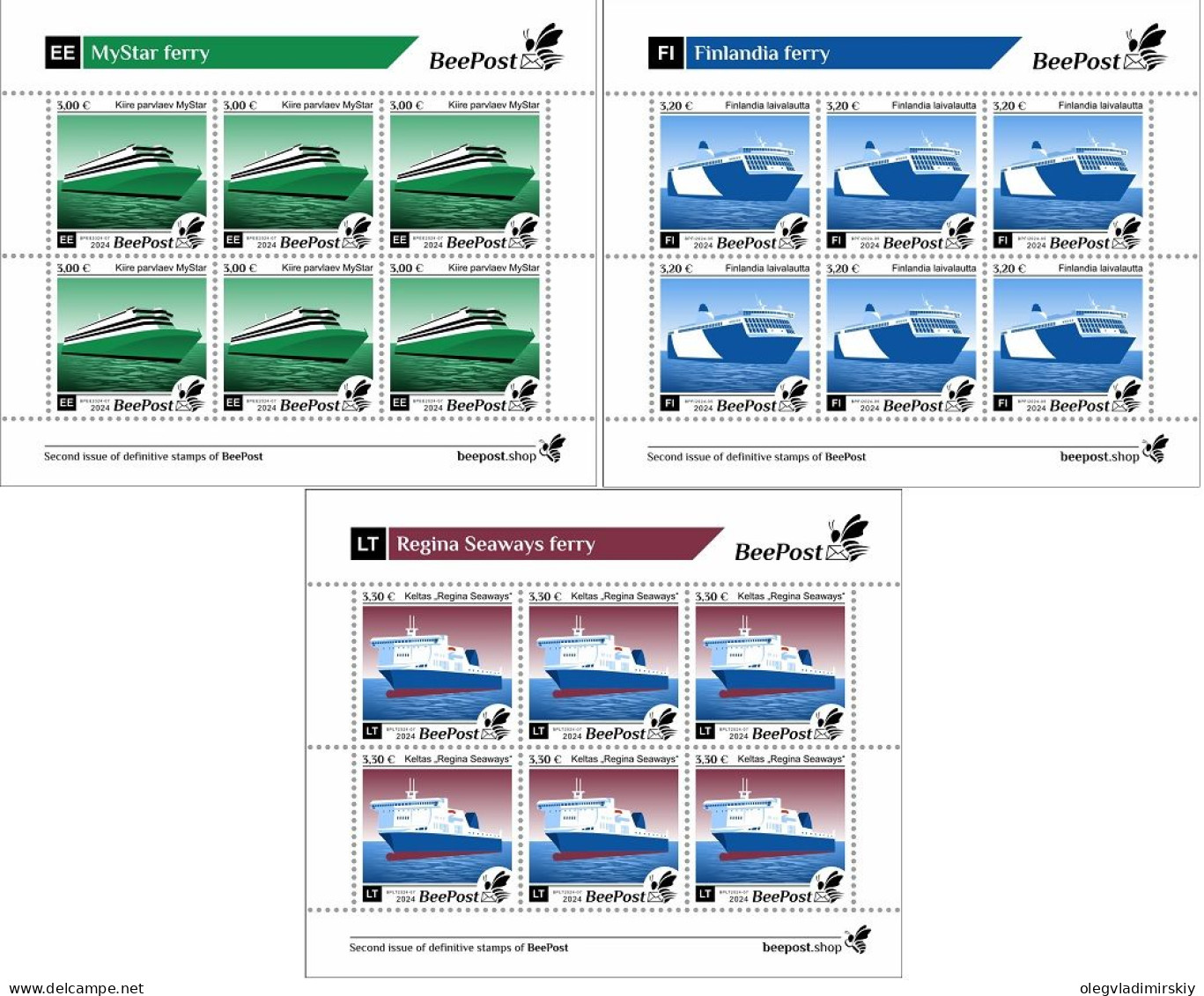 Estonia Finland Lithuania 2024 Ships Baltic Ferries Definitives BeePost Set Of 3 Sheetlets MNH - Blocs-feuillets