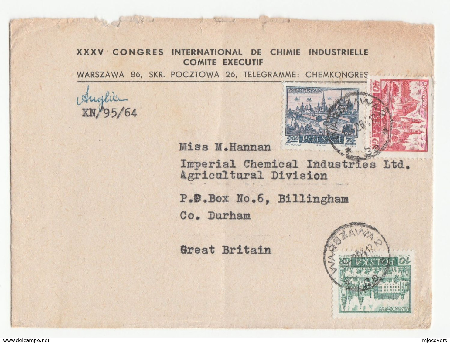 CHEMISTRY 1964 Executive Committee Industrial Chemistry Congress POLAND  To ICI Imperial Chemicals  GB Cover Stamps - Chemie