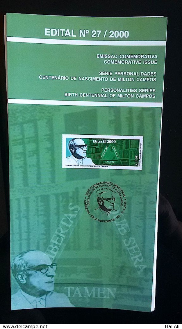 Brochure Brazil Edital 2000 27 Personality Milton Campos Without Stamp - Lettres & Documents