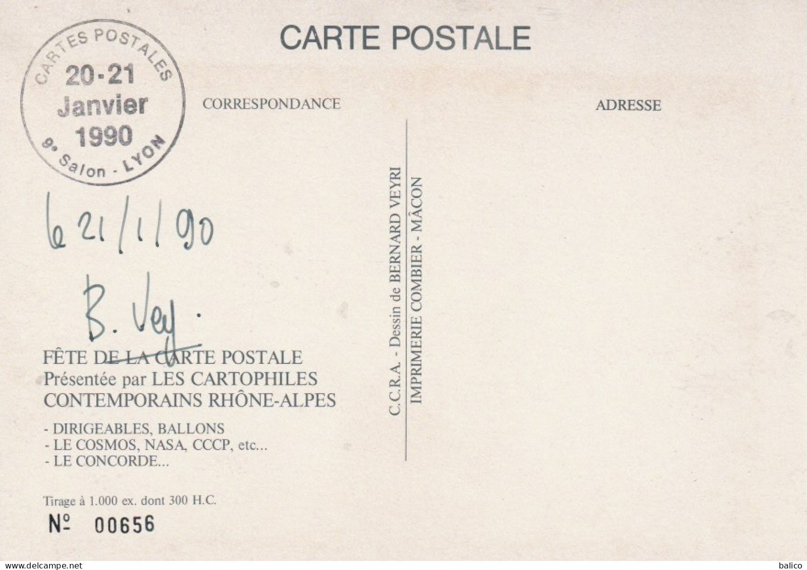 9ème Salon De La CARTE POSTALE - LYON - 20 Et 21 Janvier 1990 - Illustré Par,  VEYRI , Signé - Beursen Voor Verzamellars
