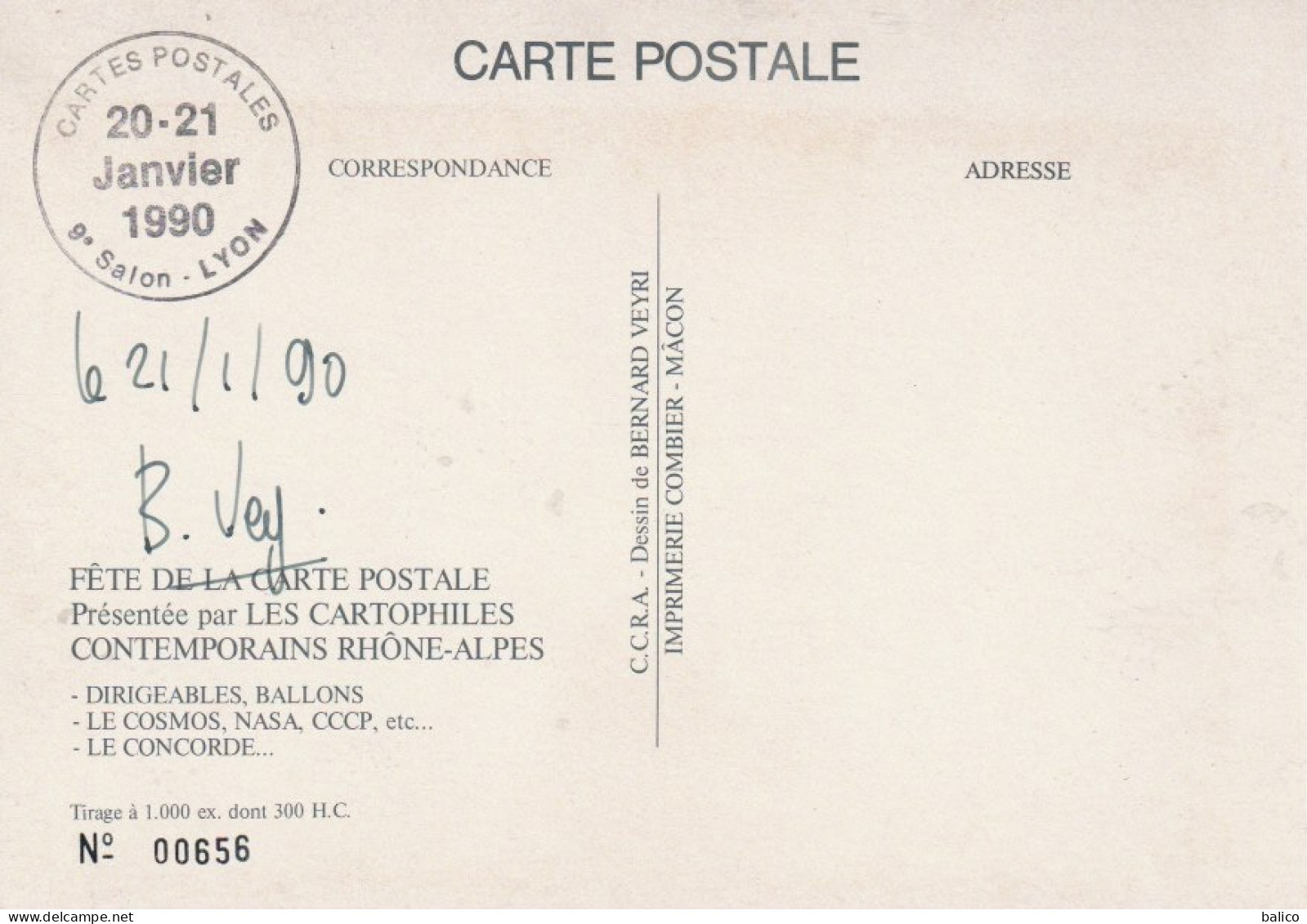 9ème Salon De La CARTE POSTALE - LYON - 20 Et 21 Janvier 1990 - Illustré Par,  VEYRI , Signé - Bolsas Y Salón Para Coleccionistas