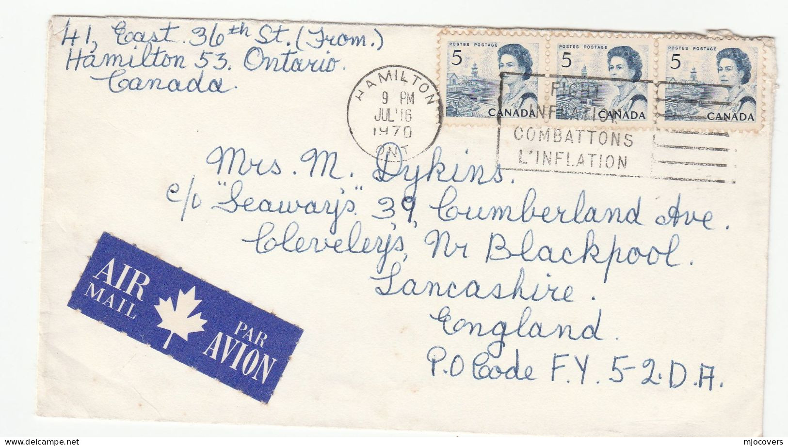 Fight INFLATION  1970 Cover SLOGAN  Hamilton CANADA To GB Stamps  Finance Economy - Briefe U. Dokumente