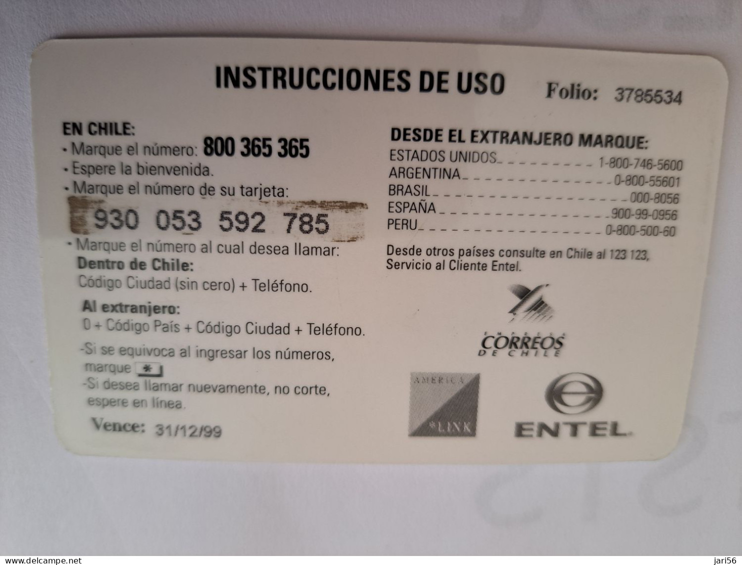 CHILI   PREPAID/ ENTEL / $ 500 / STAMPS ON CARD/ FINE USED CARD      ** 16509** - Chili