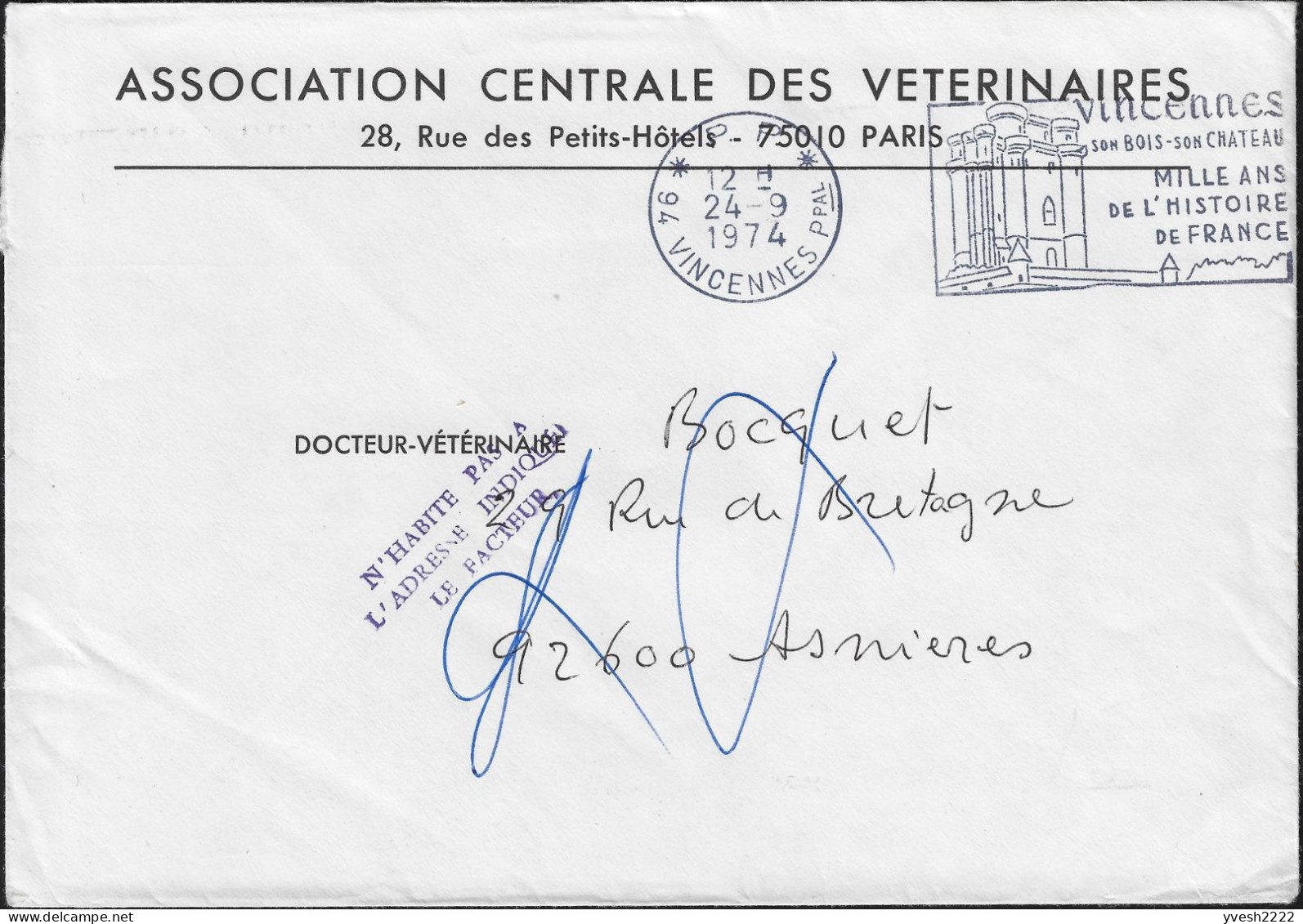 France 1974 Enveloppe De L'Association Centrale Des Vétérinaires. N'habite Pas à L'adresse Indiquée. Château Versailles - Kastelen