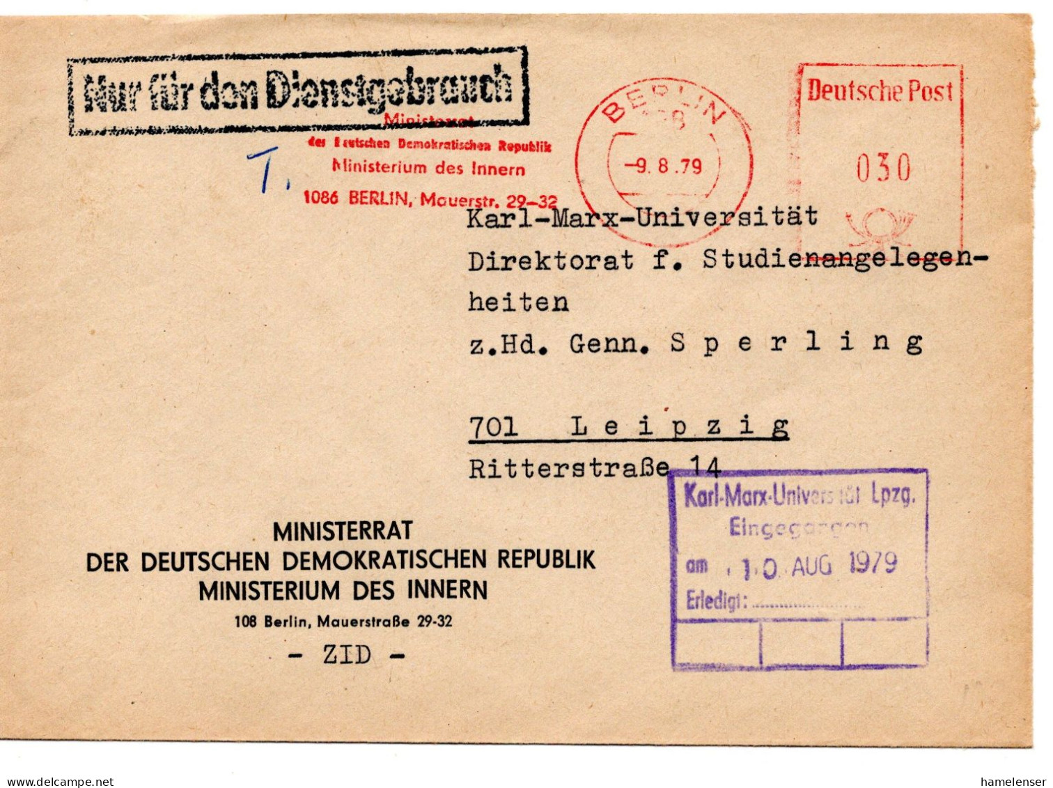 63505 - DDR - 1979 - 30Pfg AbsFreistpl A Bf BERLIN - ... MINISTERIUM DES INNERN ... -> Leipzig - Covers & Documents