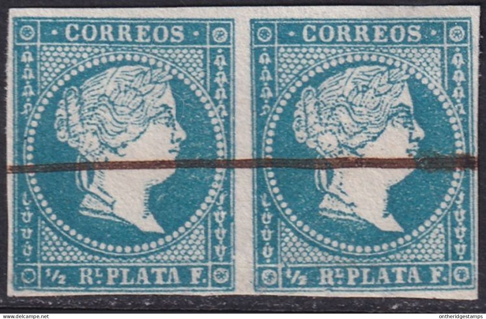 Cuba 1857 Sc 12 Antillas Ed 7 Pair Used Pen Cancel Large Diagonal Crease - Cuba (1874-1898)