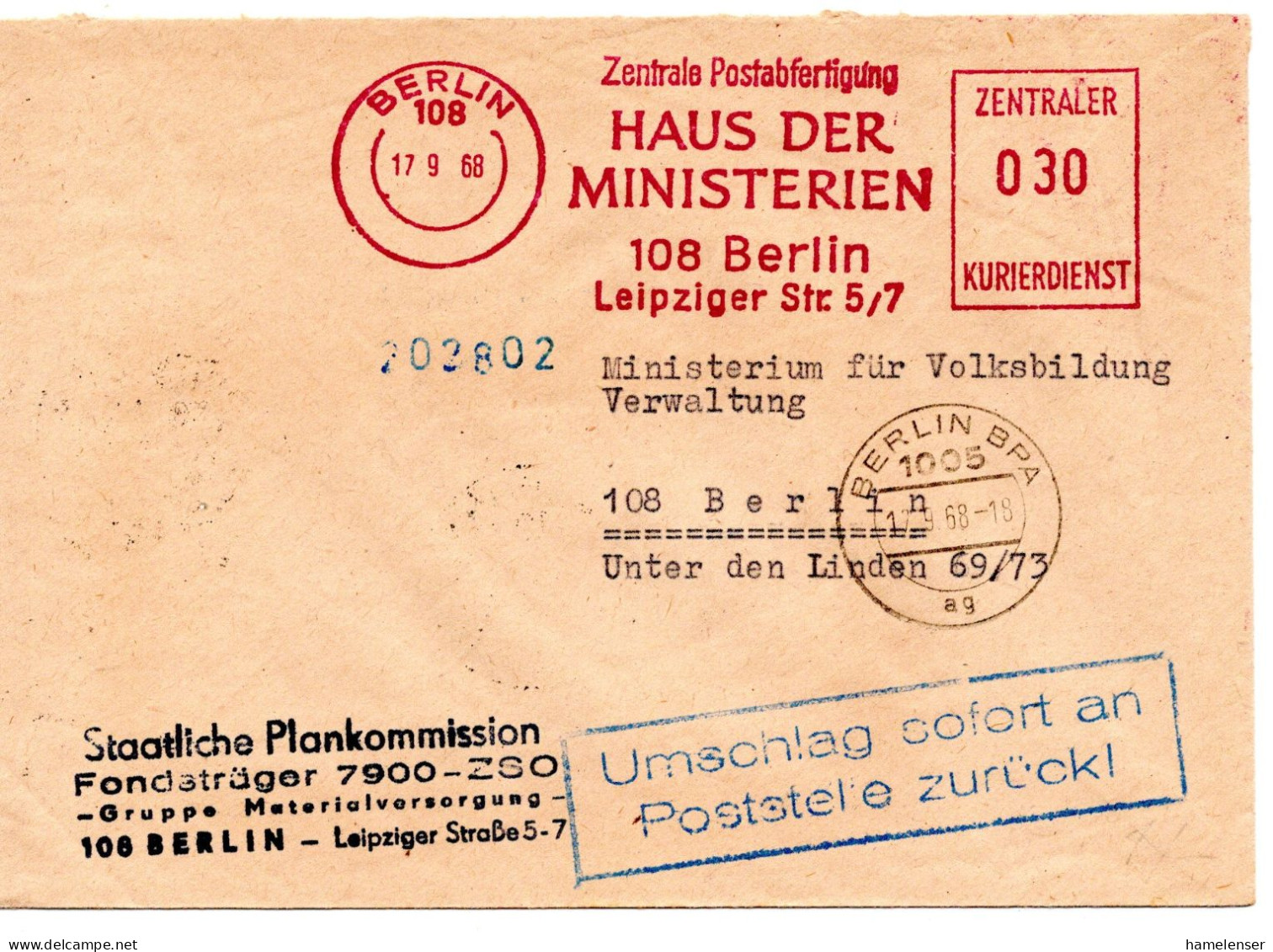 63506 - DDR / ZKD - 1968 - 30Pfg AbsFreistpl A Bf BERLIN - HAUS DER MINISTERIEN ... -> BERLIN - Briefe U. Dokumente