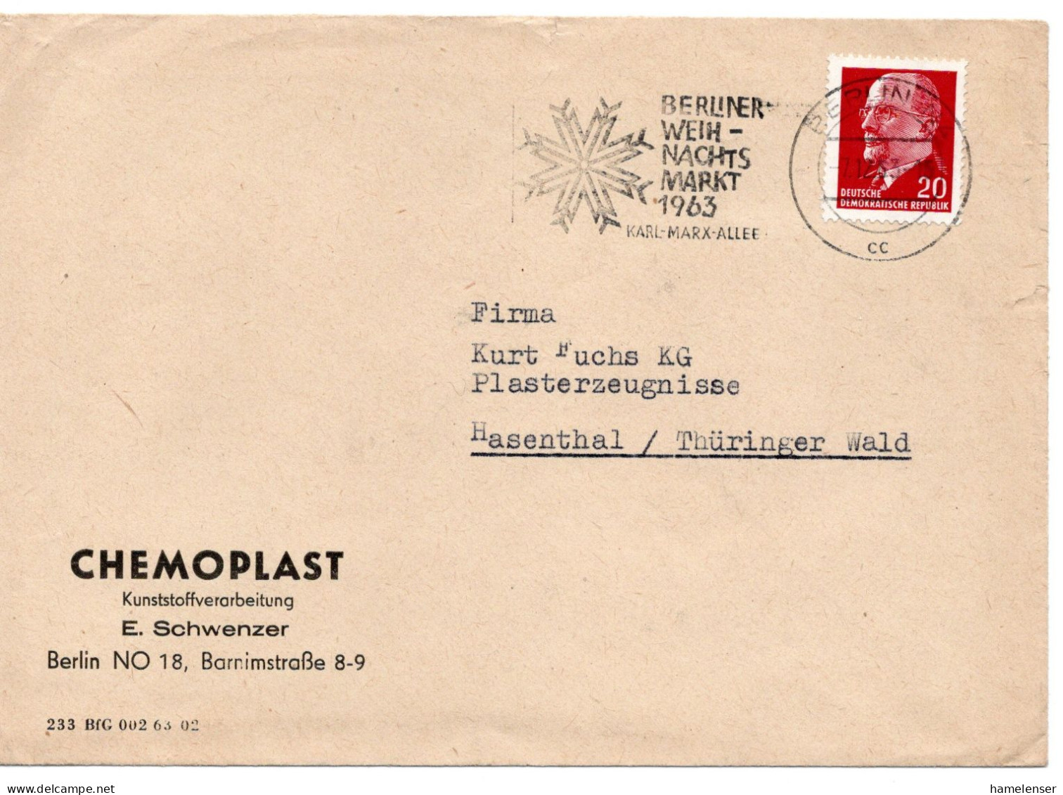 63509 - DDR - 1963 - 20Pfg Ulbricht EF A Bf BERLIN - BERLINER WEIHNACHTSMARKT 1963 -> Hasenthal - Weihnachten