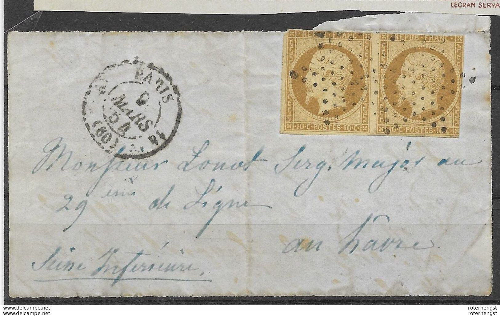 Front Side Only From Letter Paris 1854 To Le Havre (good Pair But Touched On Top And Right) Star Cancel - 1852 Luis-Napoléon
