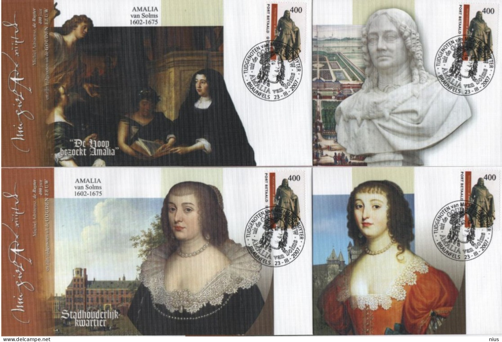 Nederland Netherlands 2007 FDC X4 Port Betaald, Amalia Van Solms, Michiel Adriaensz De Ruyter, Painter, Braunfels - FDC