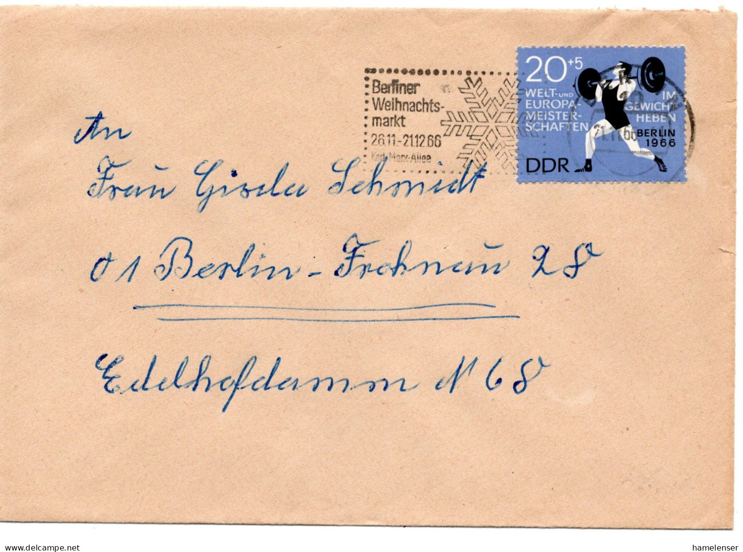 63511 - DDR - 1966 - 20Pfg Gewichtheber-WM EF A Bf BERLIN - BERLINER WEIHNACHTSMARKT 1966 -> Westberlin - Weihnachten