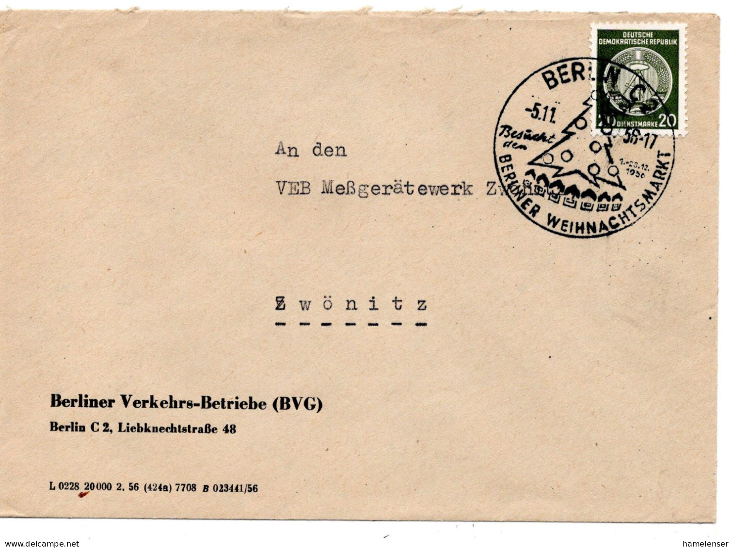 63512 - DDR - 1956 - 20Pfg Zirkel Links EF A Bf BERLIN - BERLINER WEIHNACHTSMARKT -> Zwoenitz - Briefe U. Dokumente