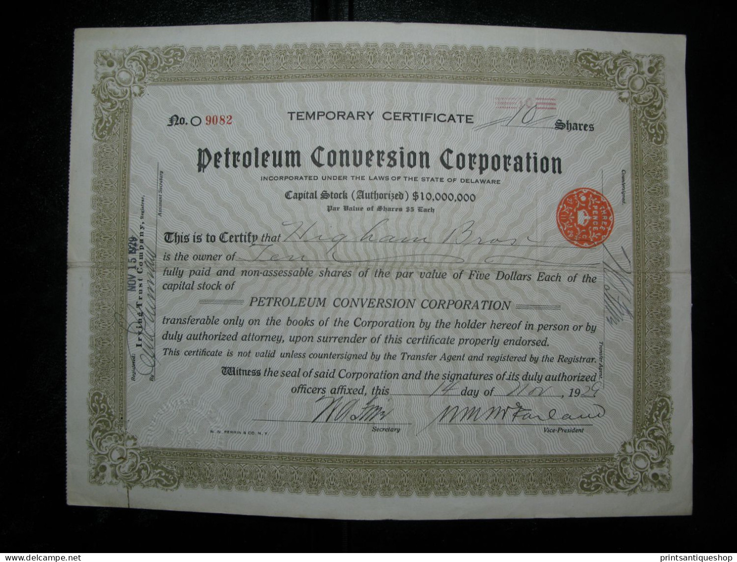 1929 TEMPORARY Share Certificate PETROLEUM CONVERSION CORPORATION USA DELAWARE - Bank & Insurance