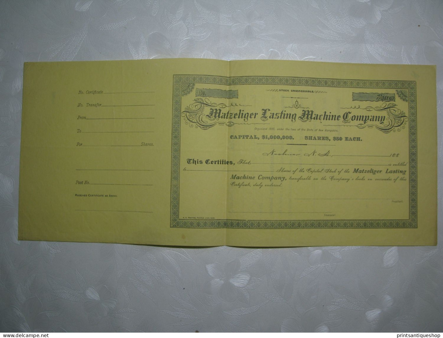 1885 Stock Share Certificate MATZELIGER LASTING MACHINE USA NEW HAMPSHIRE RARE - Banca & Assicurazione