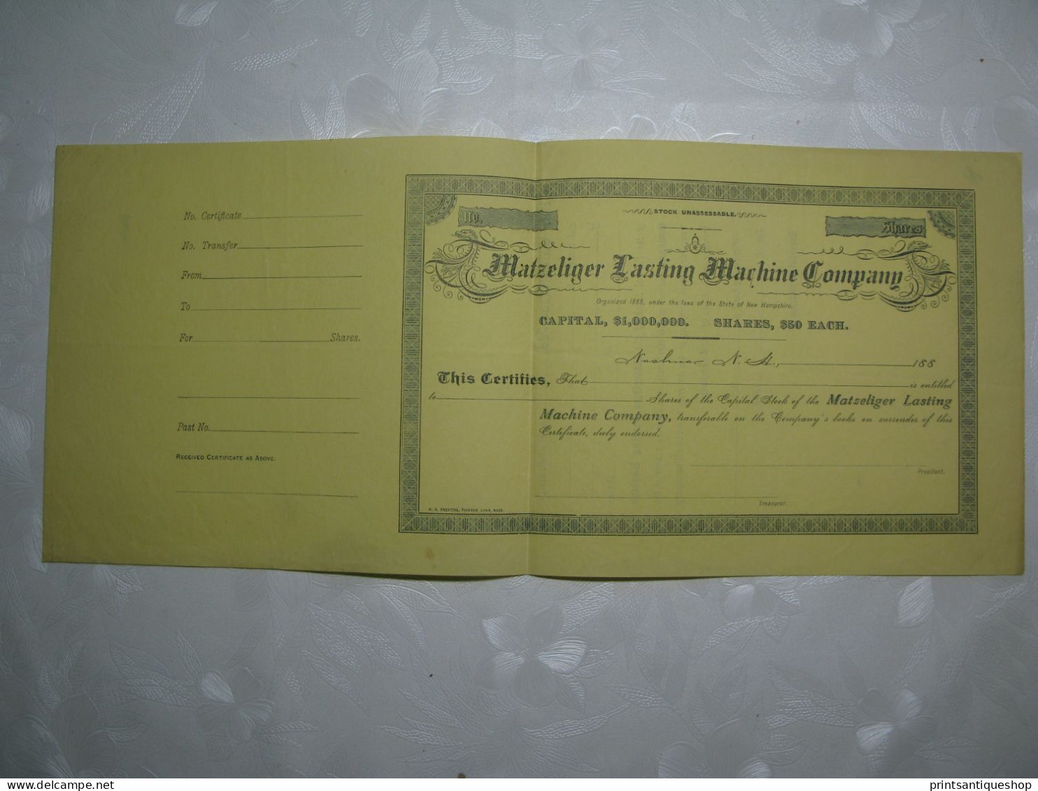 1885 Stock Share Certificate MATZELIGER LASTING MACHINE USA NEW HAMPSHIRE RARE - Bank En Verzekering