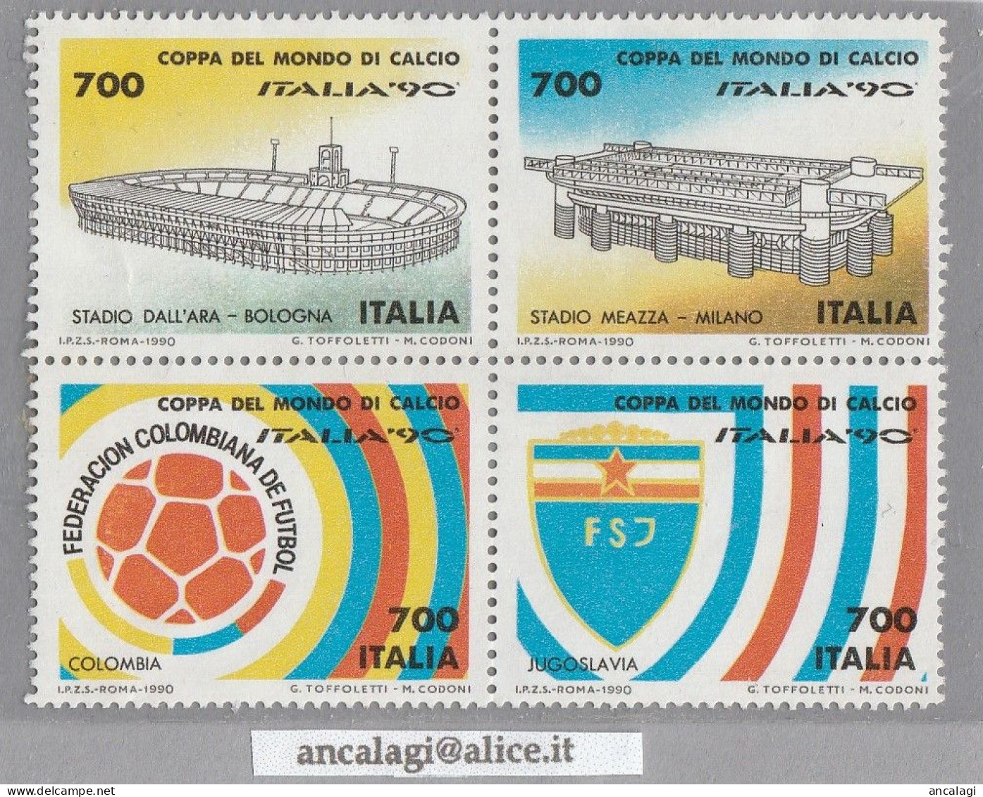 USATI ITALIA 1990 - Ref.0625 "Coppa Del Mondo: COLOMBIA -JUGOSLAVIA Stadio Di BOLOGNA E VERONA" 4 Val. In Quartina - - 1981-90: Oblitérés