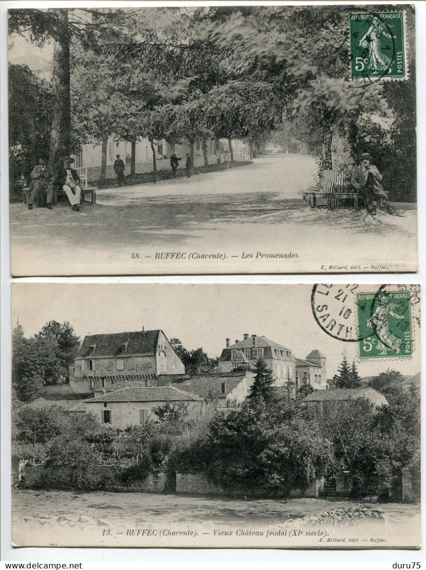 LOT 2 CPA Voyagé 1909 & 1916 * RUFFEC Les Promenades (animée ) & Vieux Château Féodal Du XIe Siècle * E. Billard Editeur - Ruffec