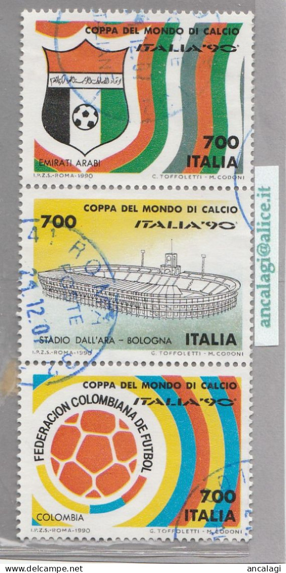 USATI ITALIA 1990 - Ref.0625A "Coppa Del Mondo: EMIRATI E COLOMBIA, Stadio Di BOLOGNA" 3 Val. In Striscia - - 1981-90: Oblitérés