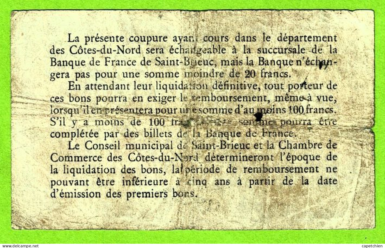 FRANCE / CHAMBRE De COMMERCE De SAINT BRIEUC & COTES DU NORD/ 1 Franc /  N° 438706 - Chambre De Commerce