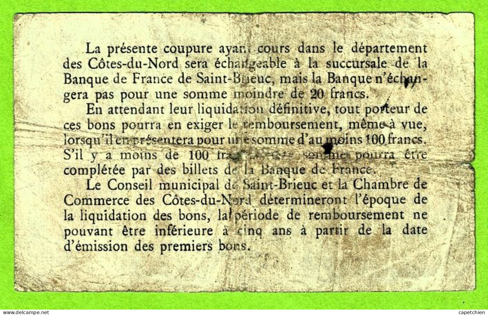 FRANCE / CHAMBRE De COMMERCE De SAINT BRIEUC & COTES DU NORD/ 1 Franc /  N° 438706 - Cámara De Comercio