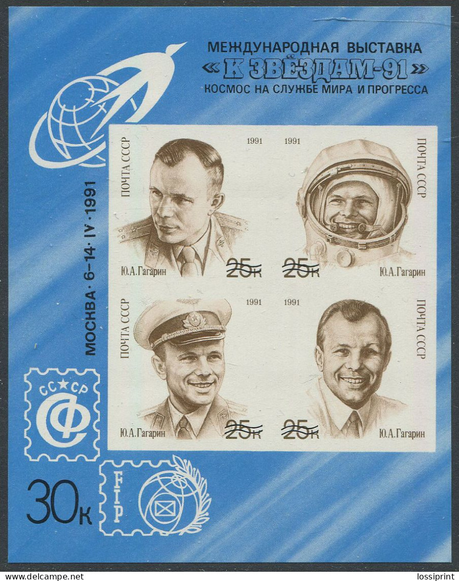 Soviet Union:Russia:USSR:Unused Block International Exhibition, Juri Gagarin, Space, 1991 - Unused Stamps