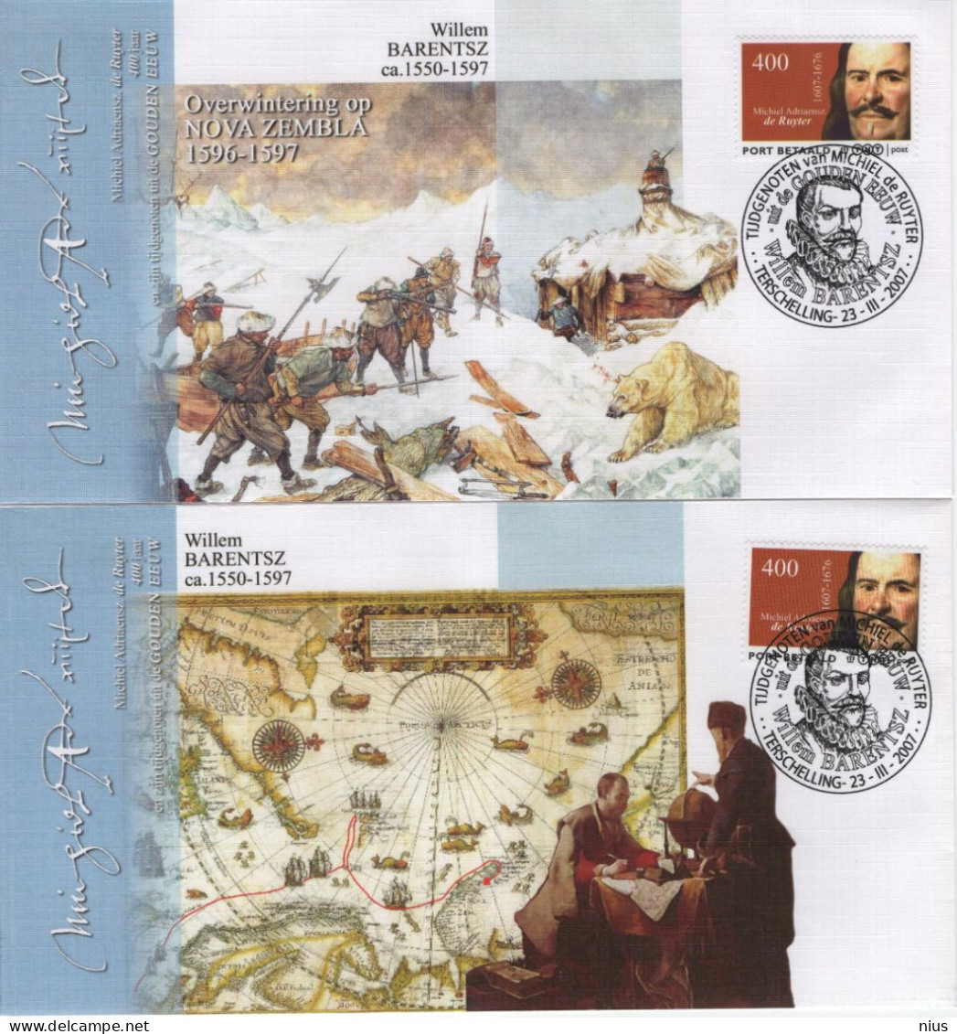 Nederland Netherlands 2007 FDC X4 Port Betaald, Willem Barentsz, Michiel Adriaensz De Ruyter, Painter, Terschelling - FDC