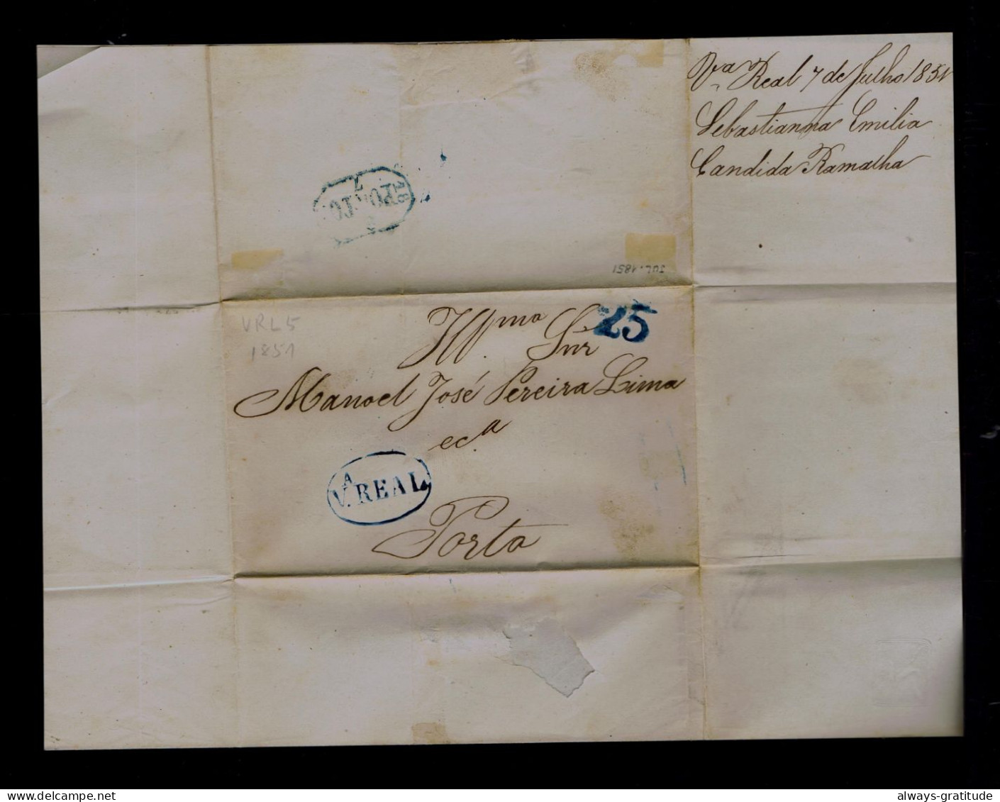 87106 PORTUGAL  Cover 1851-07-97 Mailed 25 R. V.A REAL  Pmk »Porto - ...-1853 Voorfilatelie