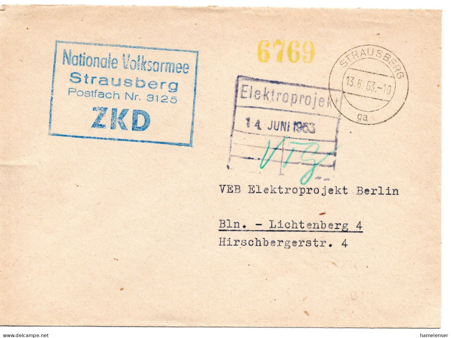 63523 - DDR - 1963 - ZKD-Bf STRAUSBERG -> BERLIN, Abs.: NVA Strausberg - Covers & Documents