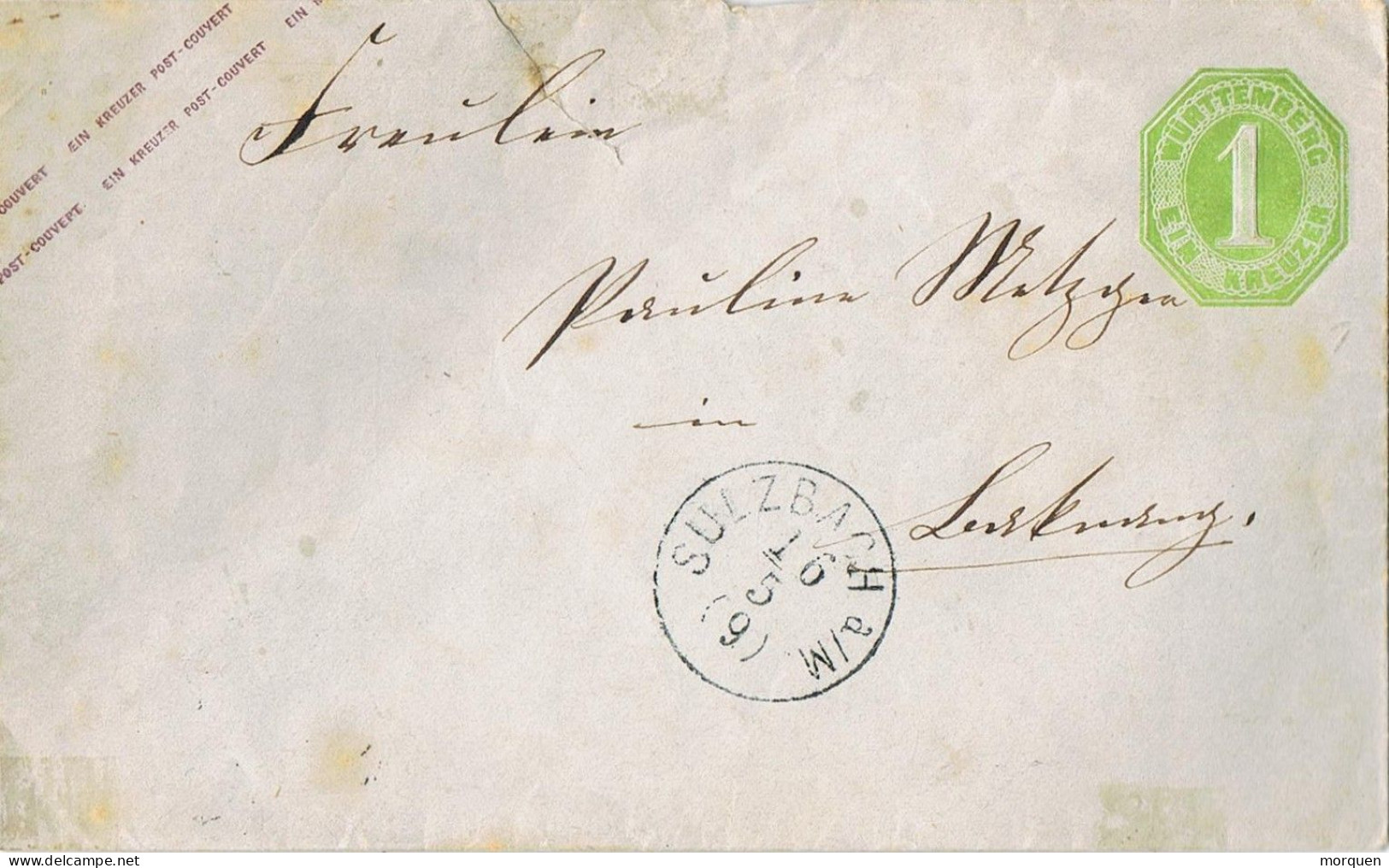 54758. Carta Post Couvert 1 Kr. SULZBACH (Wurttemberg) 1870 Circulada A Backnang - Postwaardestukken
