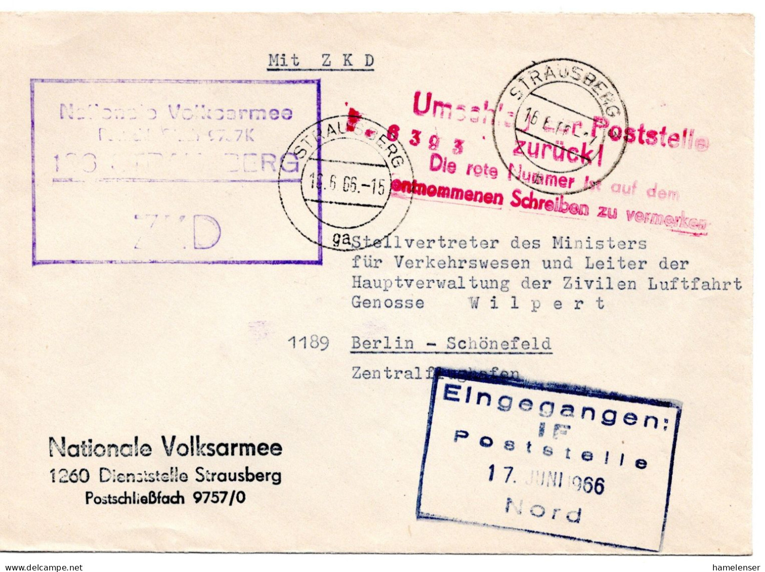 63524 - DDR - 1966 - ZKD-Bf STRAUSBERG -> BERLIN, Abs.: NVA Strausberg - Cartas & Documentos