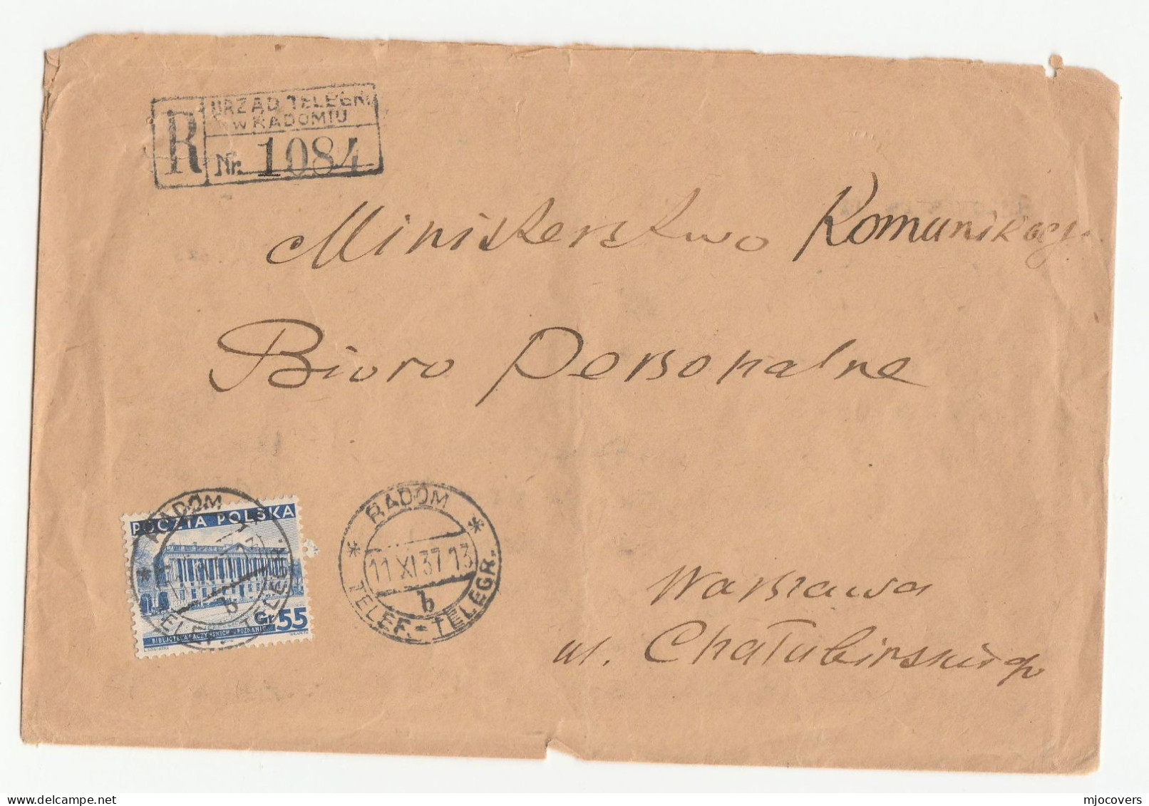 Radom Telef- Telegr.1937  POLAND Registered COVER Stamps To Warsaw Telecom - Brieven En Documenten