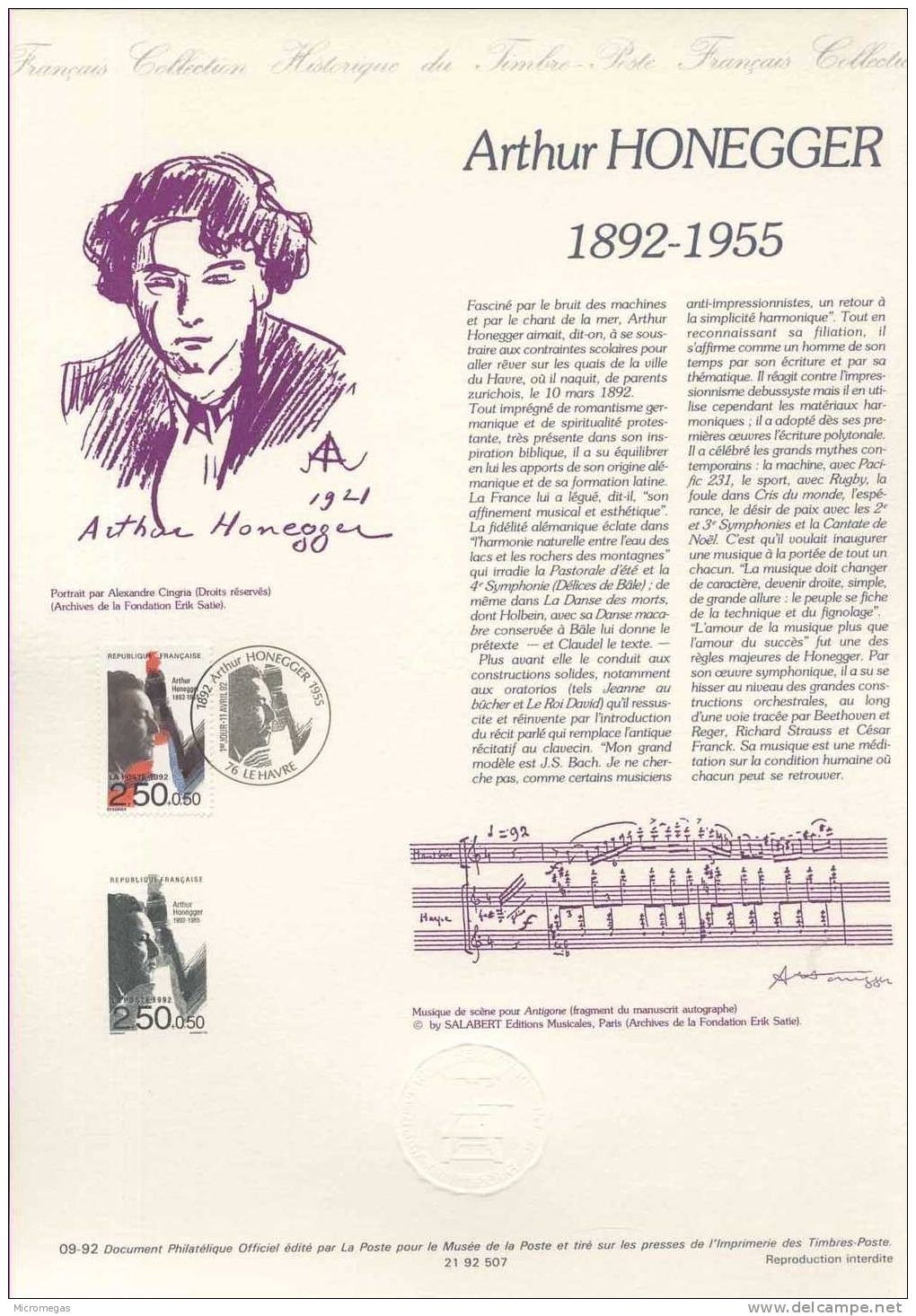 Document Philatélique Officiel De La Poste - Arthur Honegger 1892-1955 - Le Havre 11-04-1992 - Documents De La Poste