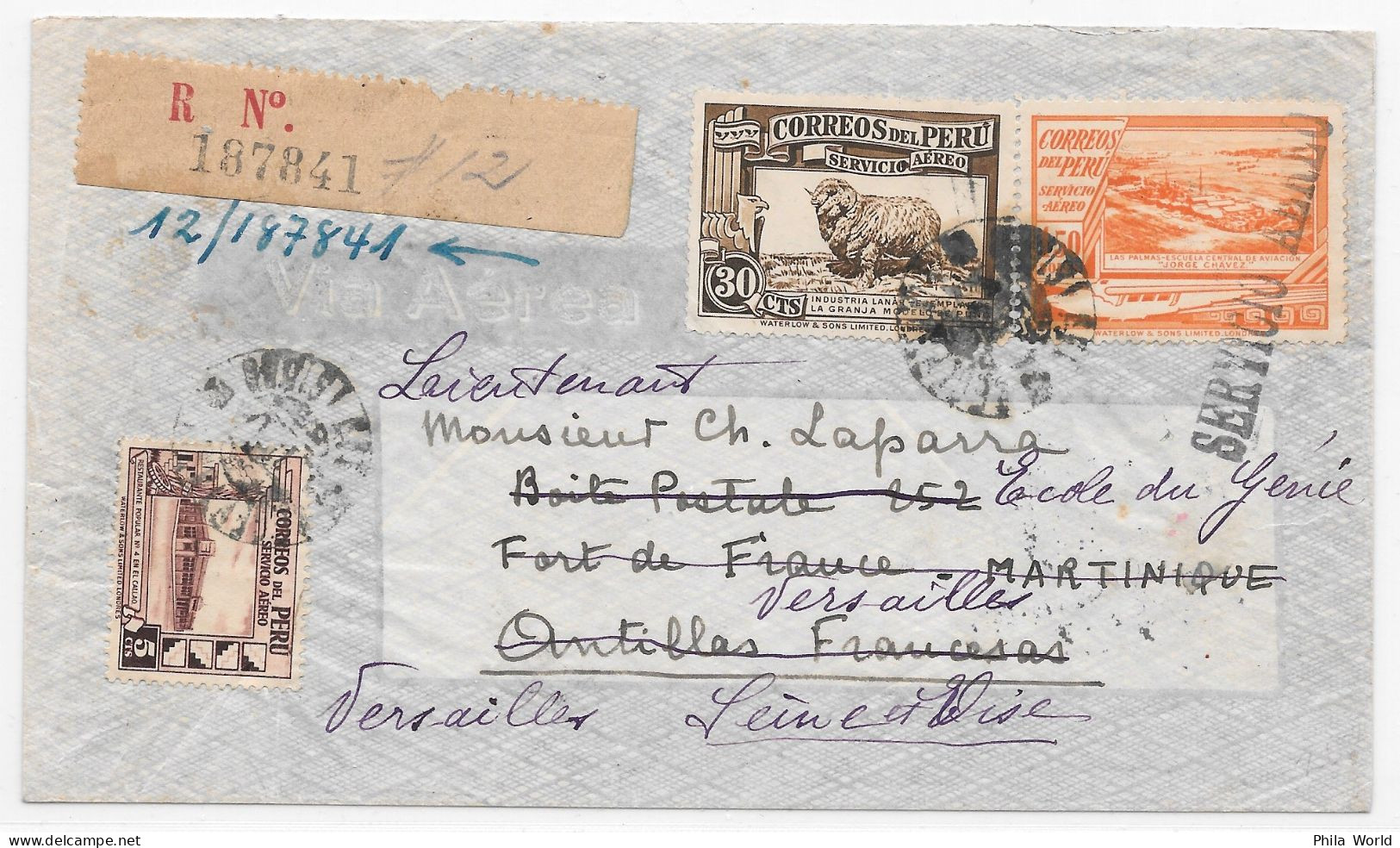 WW2 AIR FRANCE PANAGRA PAA 1939 Pérou PERU Lima VENEZUELA La Guaira TRINIDAD GPO MARTINIQUE Fort Censure VERSAILLES 1940 - Peru