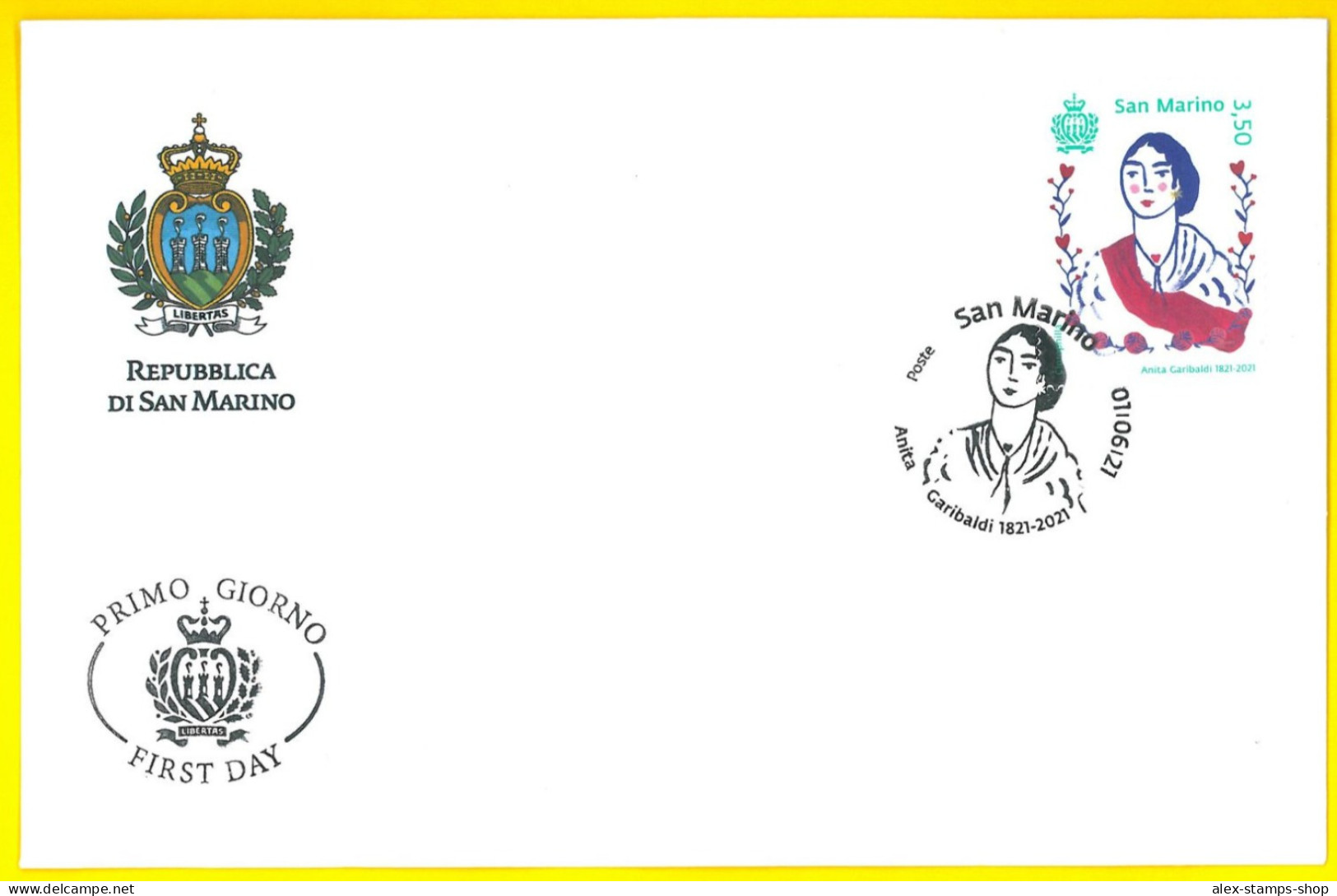 SAN MARINO 2021 FDC 200° Born Anita GARIBALDI - FIRST DAY COVER - FDC