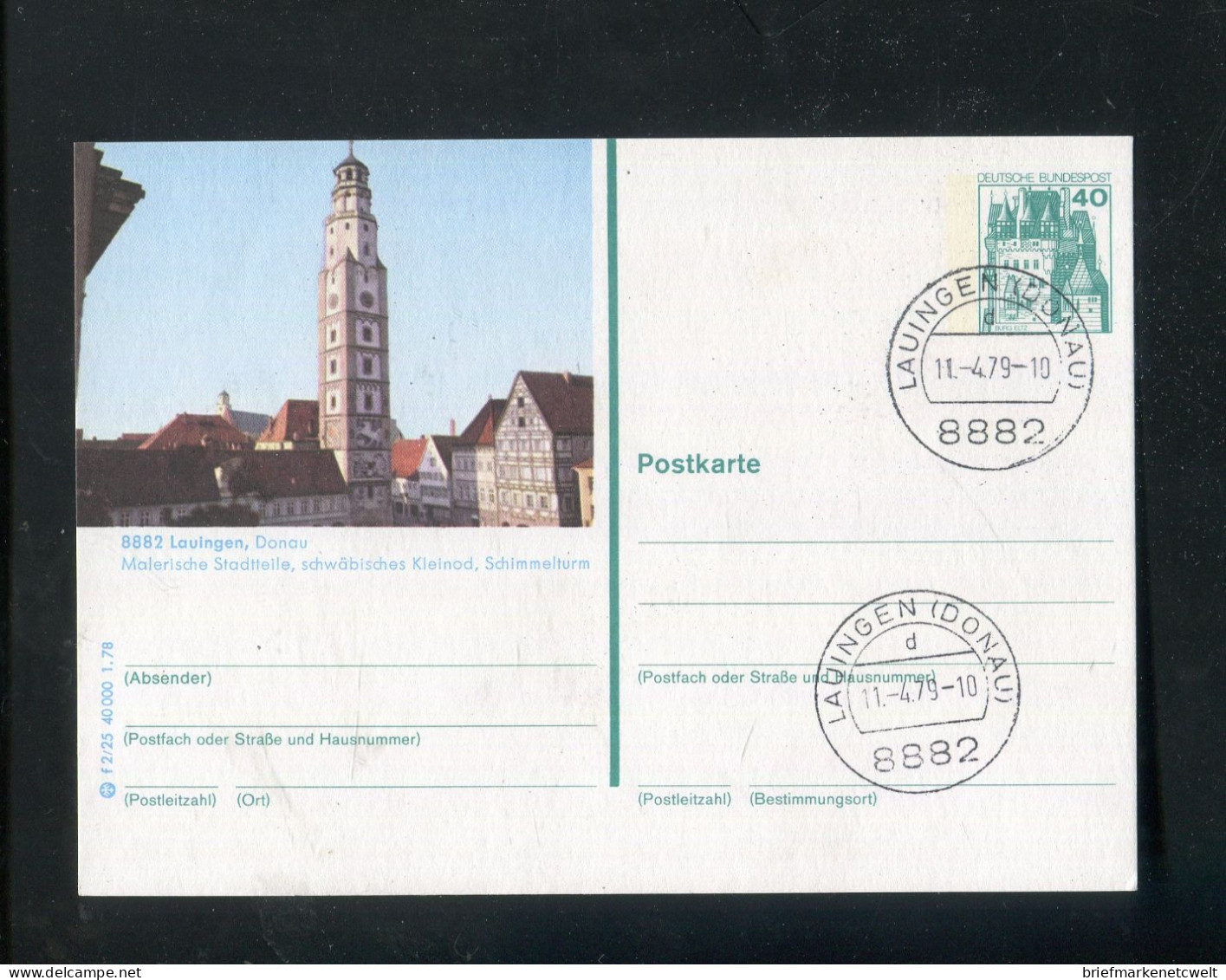 "BUNDESREPUBLIK DEUTSCHLAND" 1978, Bildpostkarte Mit Bildgleichem Stempel Ex "LAUINGEN" (B1121) - Illustrated Postcards - Used