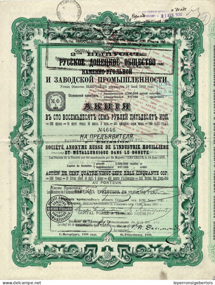 Titre De 1898 - Sté Anonyme Russe De L'Industrie Houillère Et Métallurgique Dans Le Donetz - 2ème émission - Déco - Russland