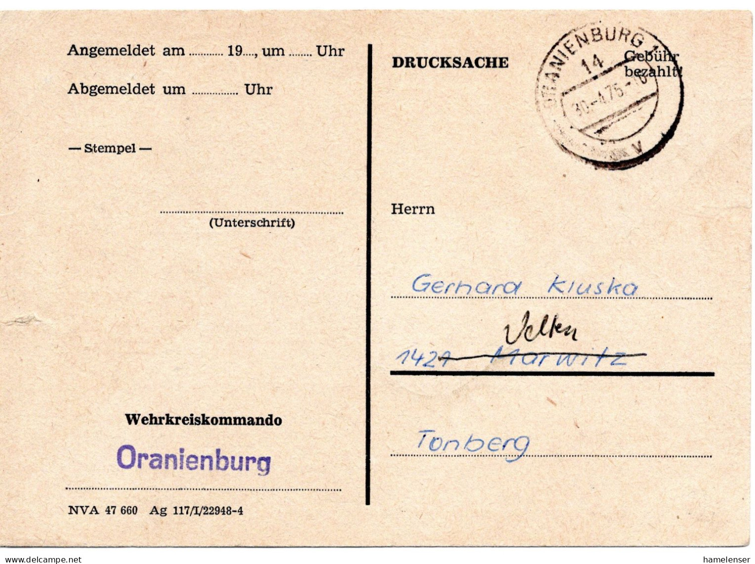 63525 - DDR - 1975 - Gebuehr-bezahlt-DrucksKte ORANIENBURG -> Marwitz, Nachgesandt, Abs.: NVA Oranienburg - Covers & Documents