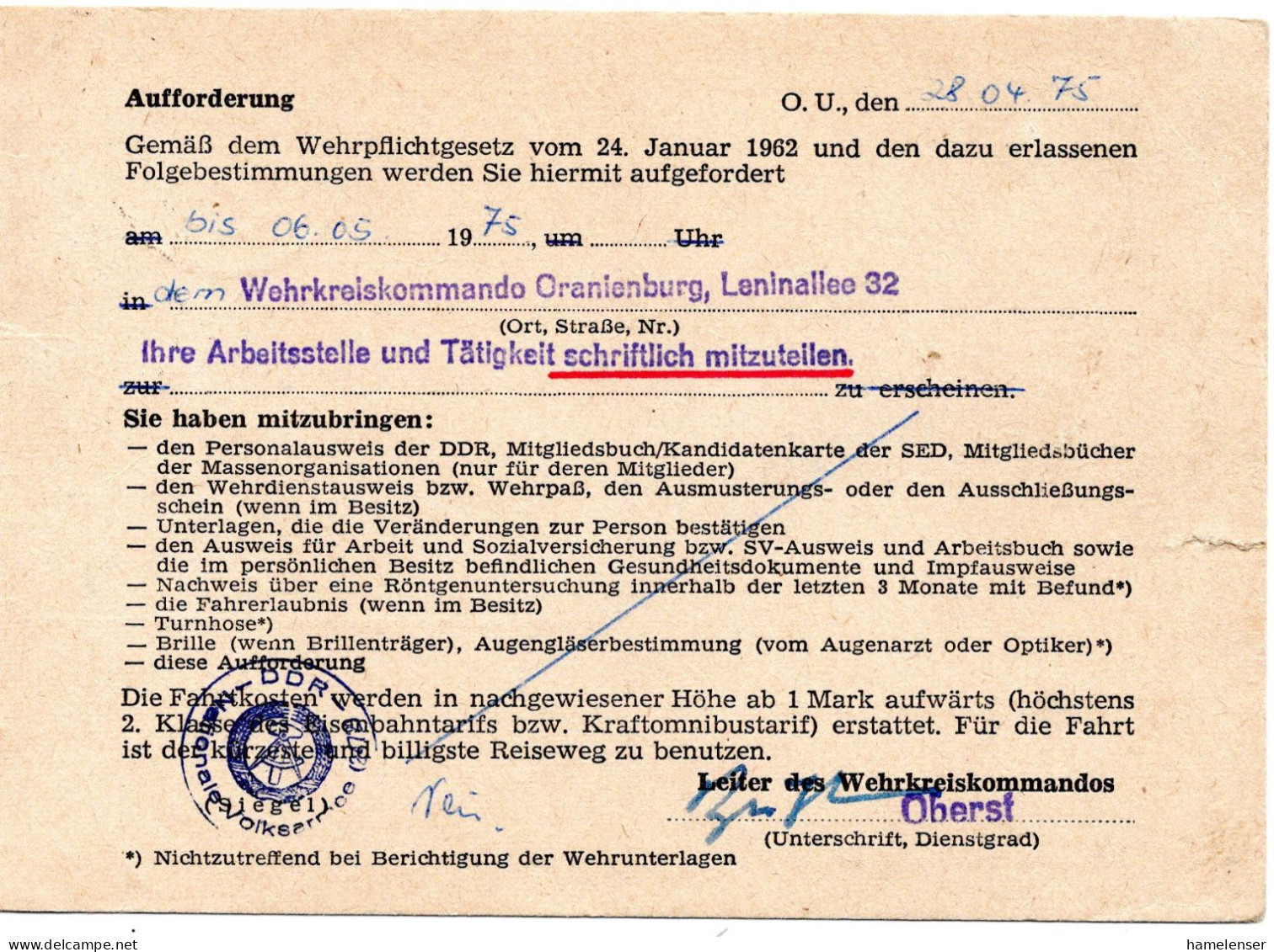 63525 - DDR - 1975 - Gebuehr-bezahlt-DrucksKte ORANIENBURG -> Marwitz, Nachgesandt, Abs.: NVA Oranienburg - Covers & Documents