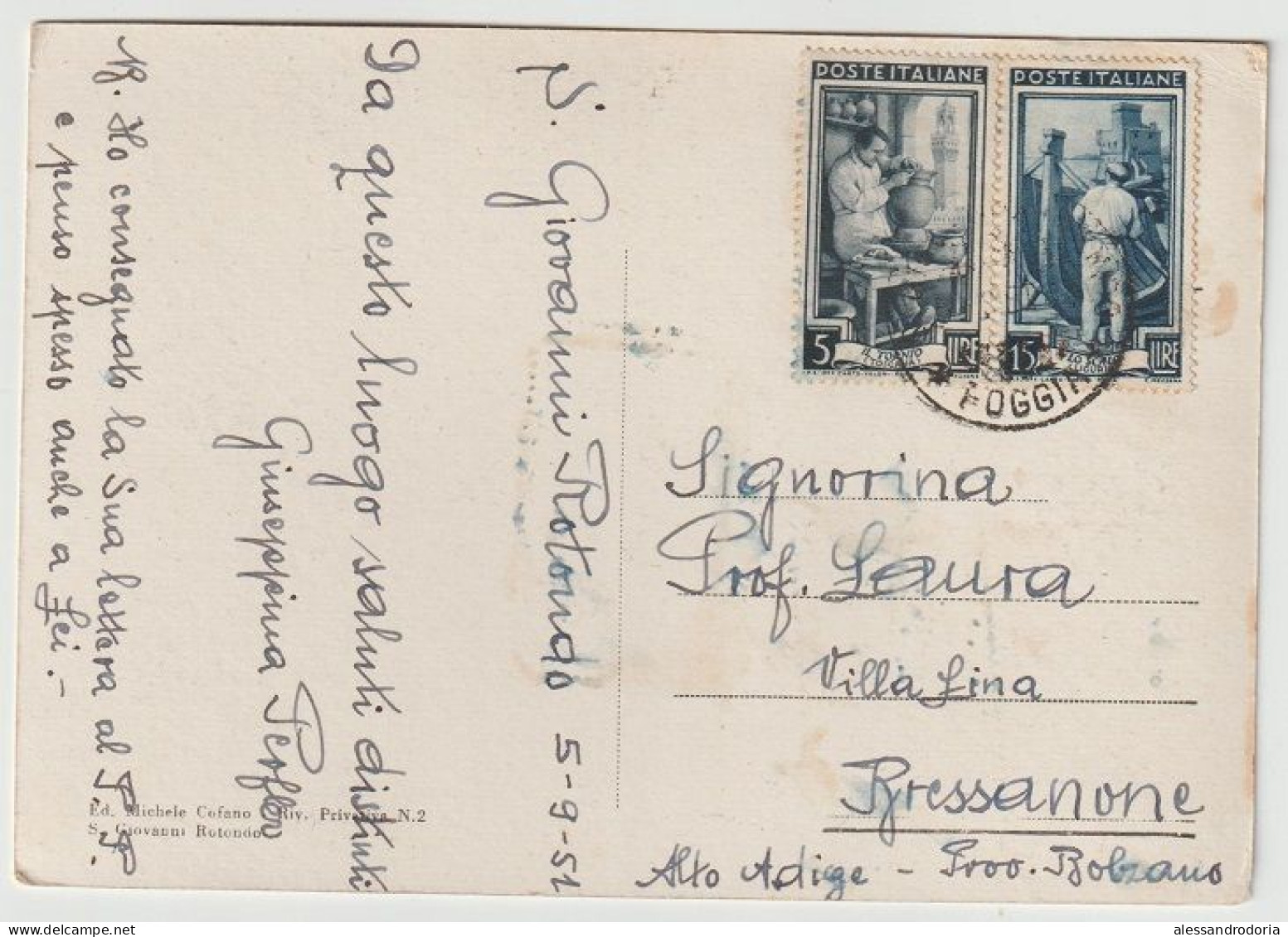 Cartolina Viaggiata Affrancata Padre Pio S. Giovanni Rotondo 1951 Francobolli 5 E 15 Lire Il Tornio Lo Scalo - Saints