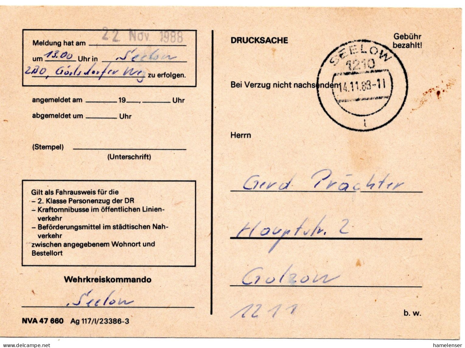 63527 - DDR - 1988 - Gebuehr-bezahlt-DrucksKte SEELOW -> Golzow, Abs.: NVA Seelow - Covers & Documents