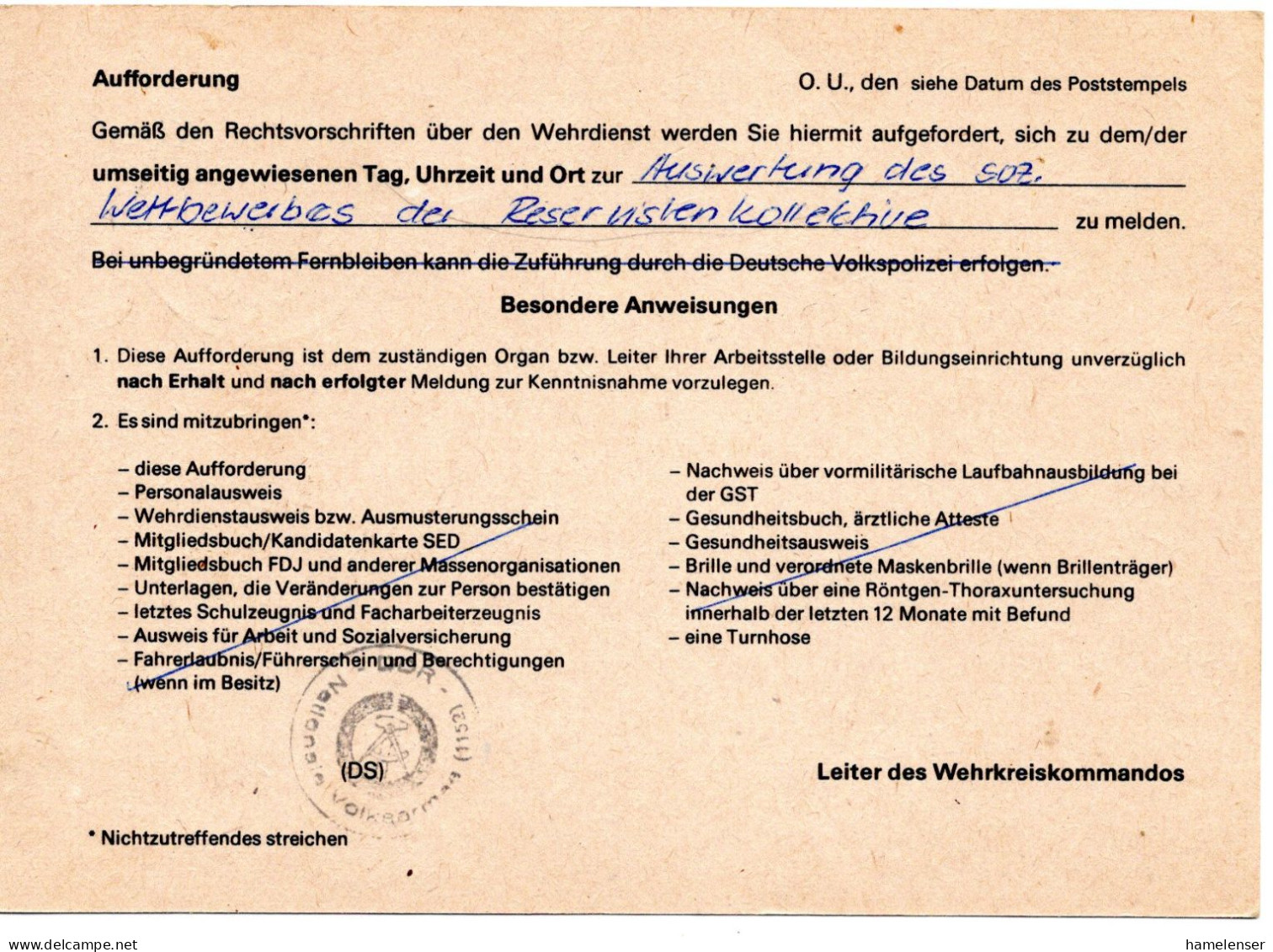 63527 - DDR - 1988 - Gebuehr-bezahlt-DrucksKte SEELOW -> Golzow, Abs.: NVA Seelow - Lettres & Documents