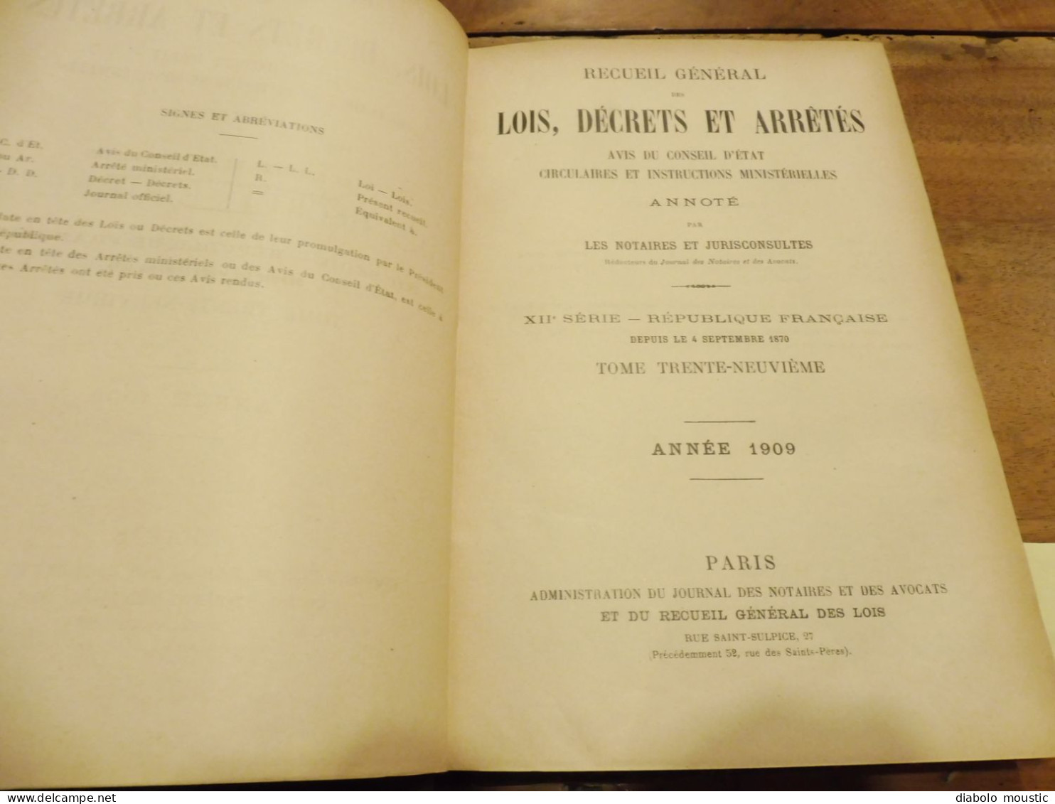 1909  RECUEIL des LOIS ,dont aussi sur l'absinthe ;  Criminalité, Etc