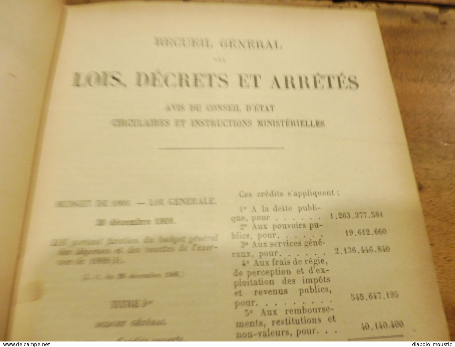 1909  RECUEIL des LOIS ,dont aussi sur l'absinthe ;  Criminalité, Etc