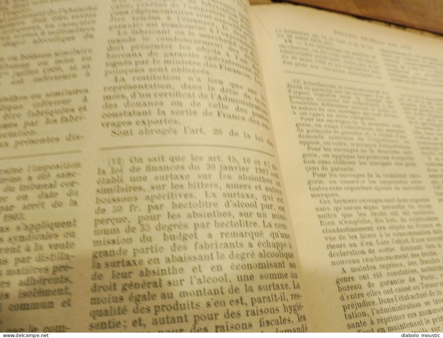 1909  RECUEIL des LOIS ,dont aussi sur l'absinthe ;  Criminalité, Etc