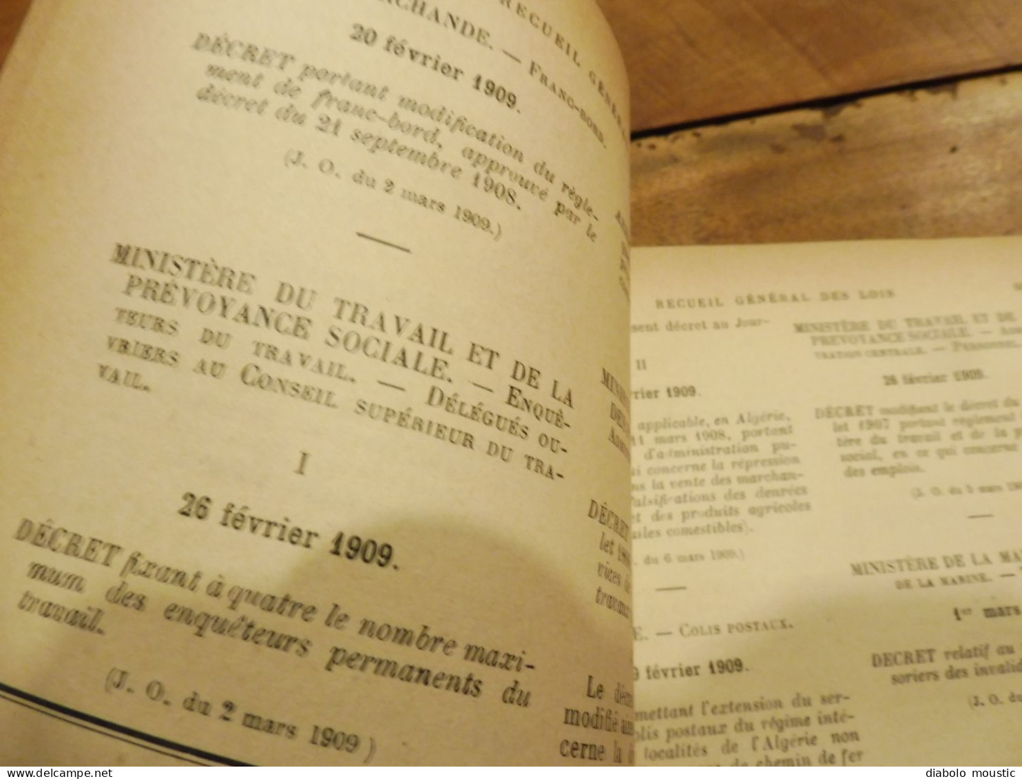 1909  RECUEIL des LOIS ,dont aussi sur l'absinthe ;  Criminalité, Etc