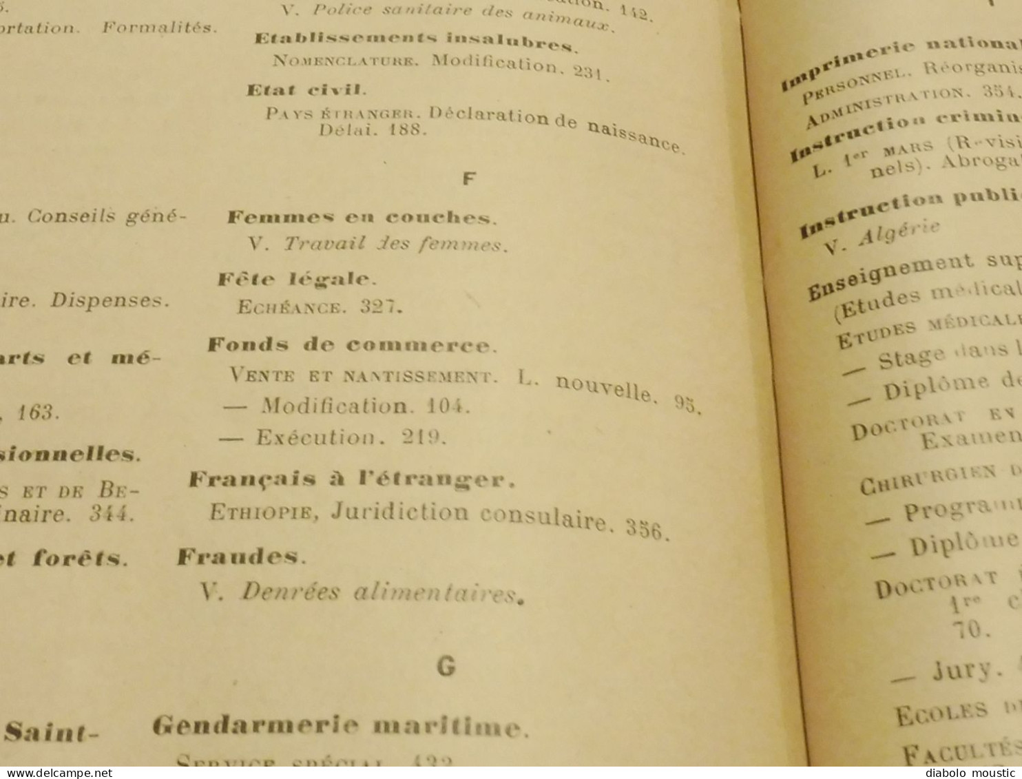 1909  RECUEIL des LOIS ,dont aussi sur l'absinthe ;  Criminalité, Etc