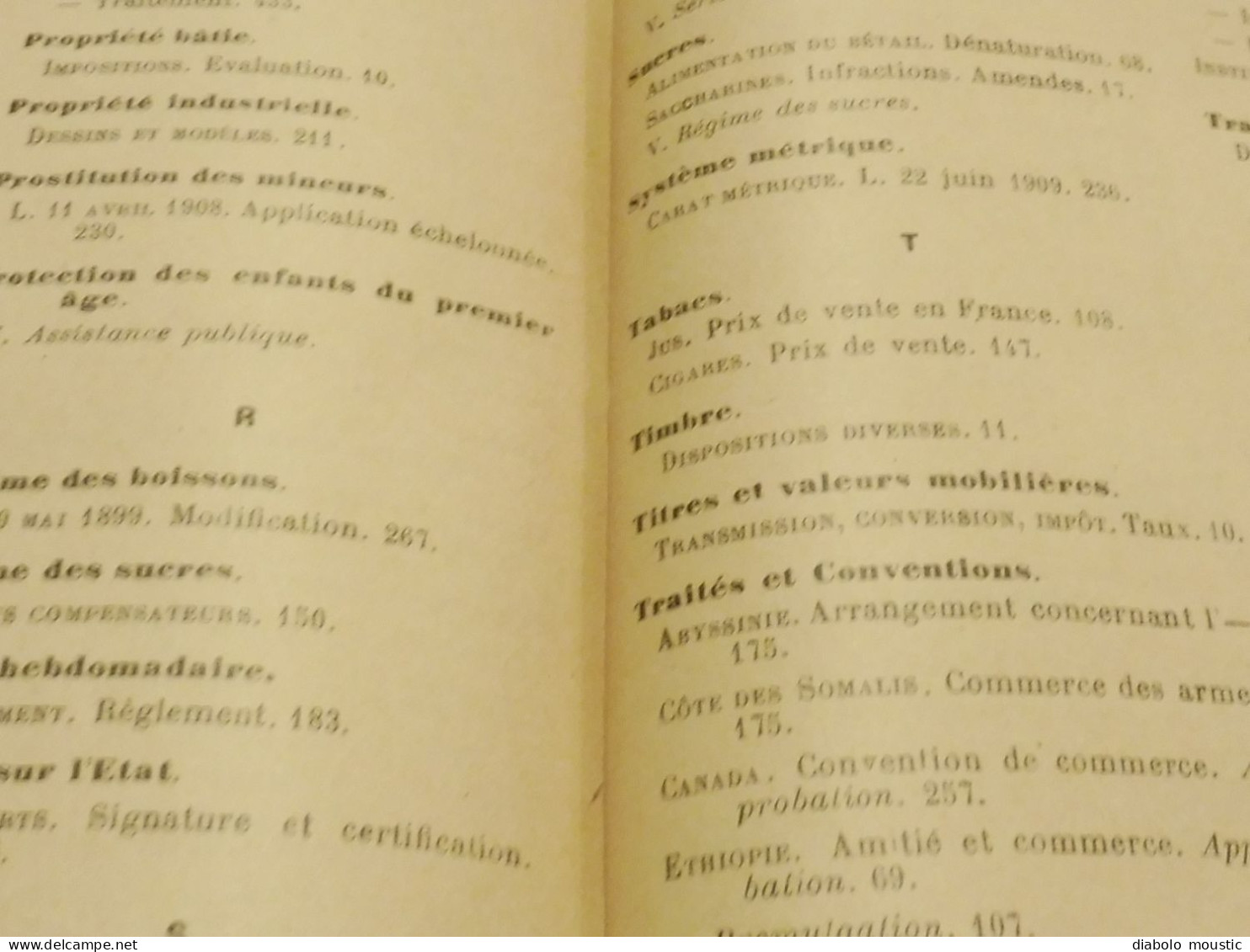 1909  RECUEIL des LOIS ,dont aussi sur l'absinthe ;  Criminalité, Etc