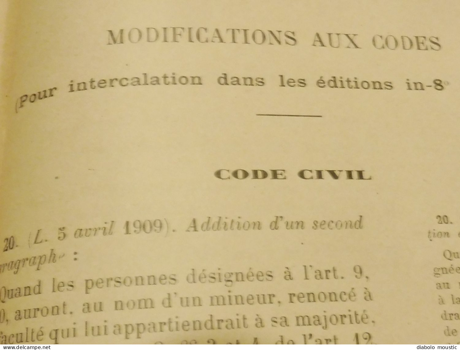 1909  RECUEIL des LOIS ,dont aussi sur l'absinthe ;  Criminalité, Etc