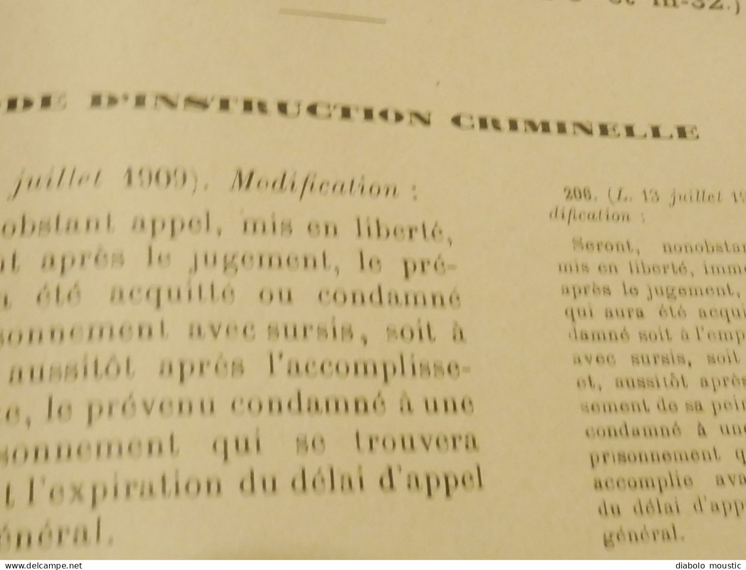 1909  RECUEIL des LOIS ,dont aussi sur l'absinthe ;  Criminalité, Etc